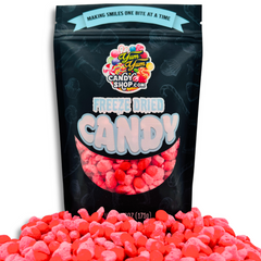Freeze dried cinnamon candy with bold red color in a Yum Yum Candy Shop resealable bag, spicy and hot flavor