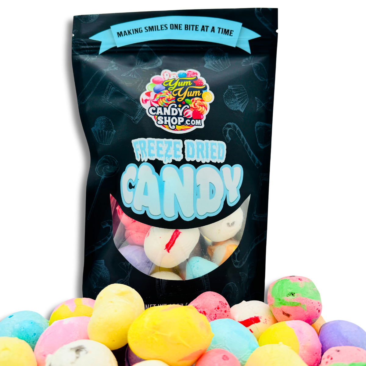 Freeze dried salt water taffy in assorted bright colors in a Yum Yum Candy Shop bag