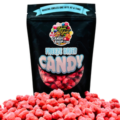 Freeze dried apple cinnamon hotties in a Yum Yum Candy Shop bag with bright red candy pieces