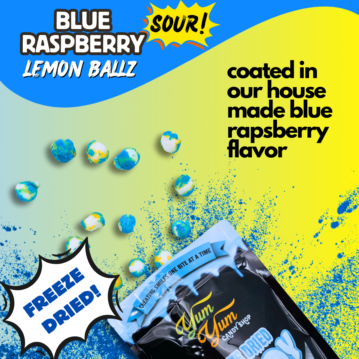 Sour Blue Raspberry Lemon Ballz candy coated in house-made flavor with freeze-dried texture