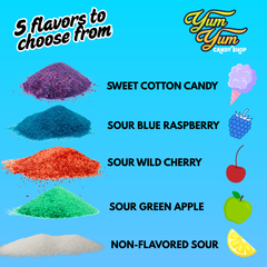Yum Yum candy shop flavor options with colorful powders and corresponding flavors on a blue background.