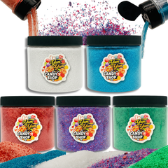 Five jars of colorful candy powder with 'Yum Yum Candy Shop' label, being poured with more powder.