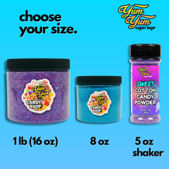 Yum Yum Candy Shop candy powder containers on a blue background with product sizes displayed.