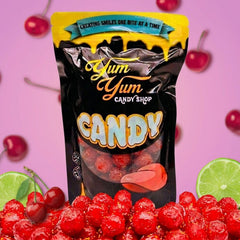 Yum Yum Candy Shop bag with candy and cherries on a pink background