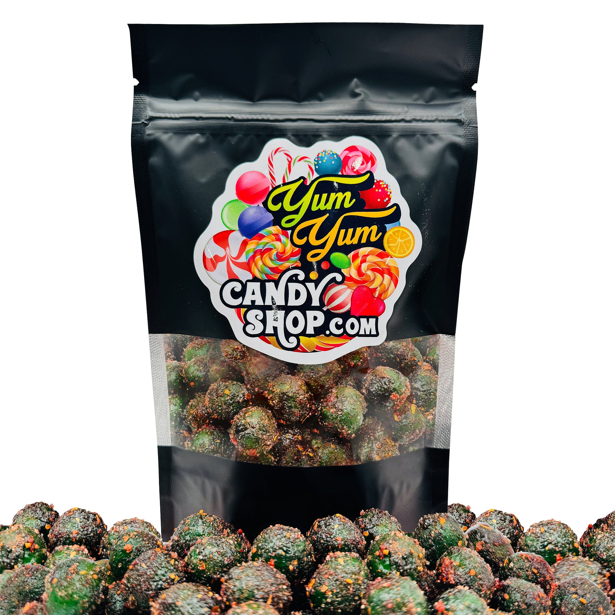 Front view of Yum Yum Candy Shop Chamoy Green Apple Sours in resealable 8oz bag.