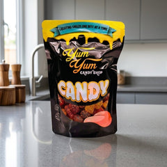 Yum Yum Candy Shop packaging on a kitchen counter