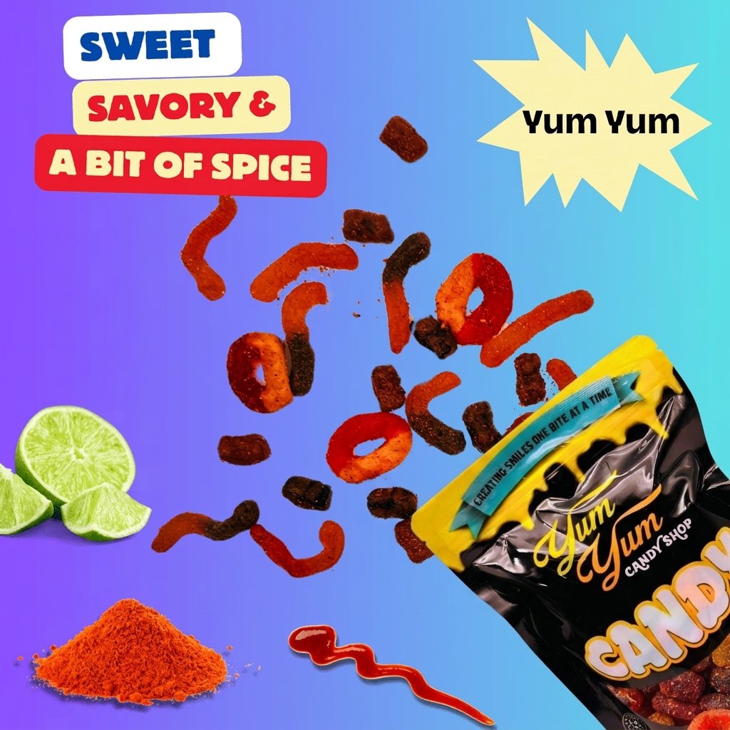 Candy package with colorful candy, lime, and text on a blue background