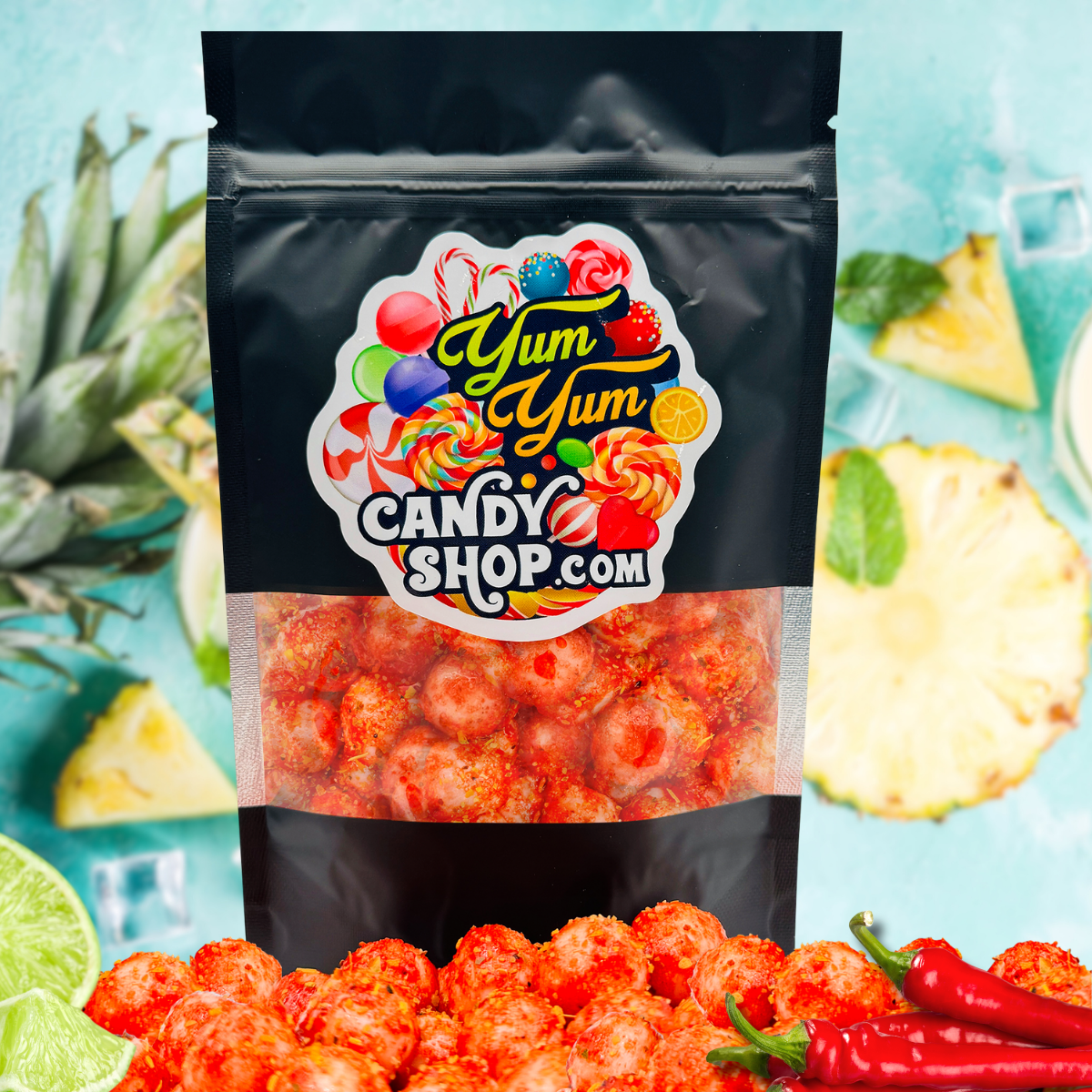8oz bag of Chamoy Piña Colada Sours from Yum Yum Candy Shop with fresh pineapple and lime background, tropical and tangy flavor.
