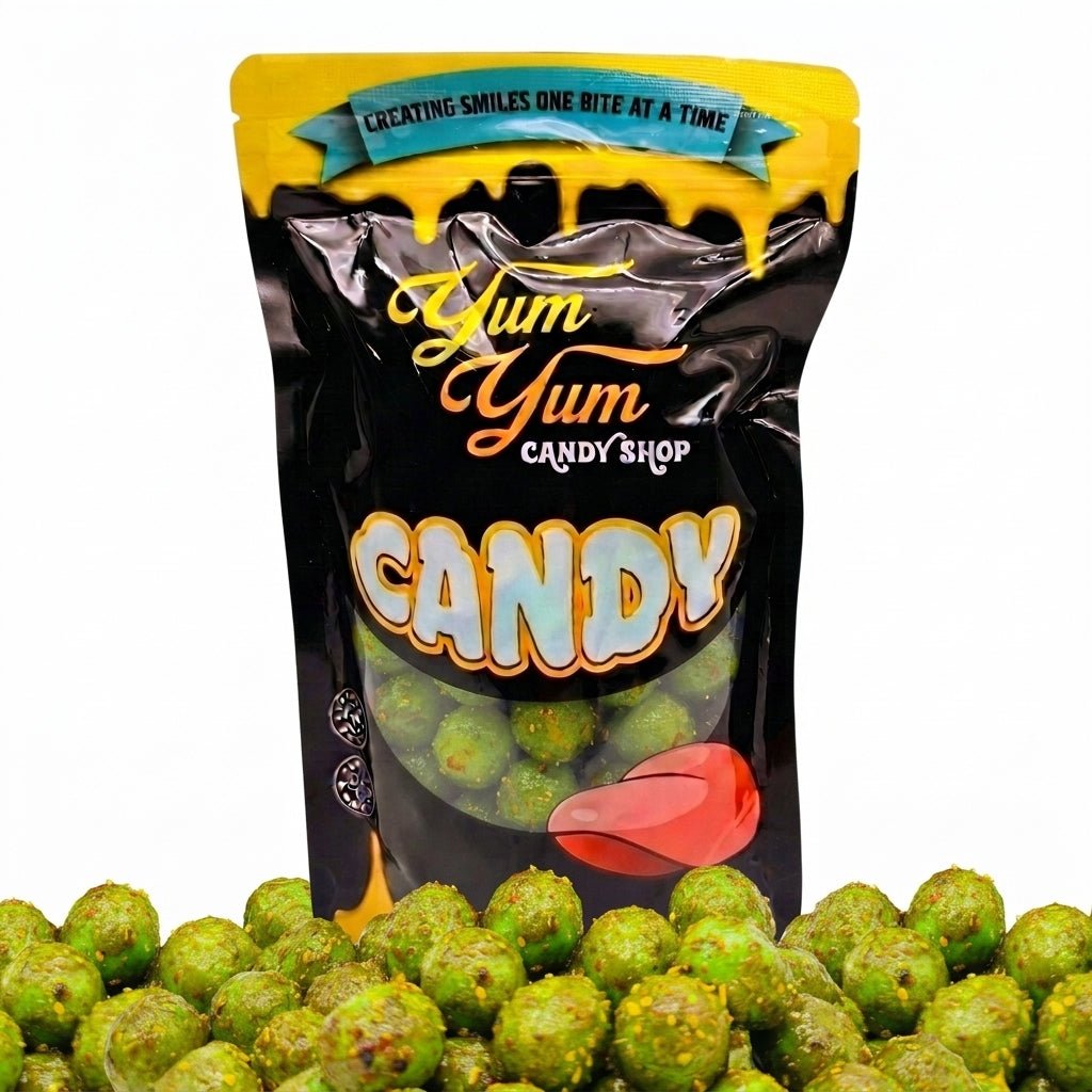 Yum Yum Candy Shop bag of green candy with visible text and branding.