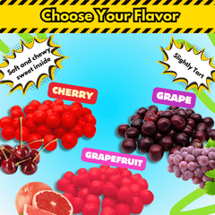 Choose your flavor with cherry grape and grapefruit flavors on a bright background