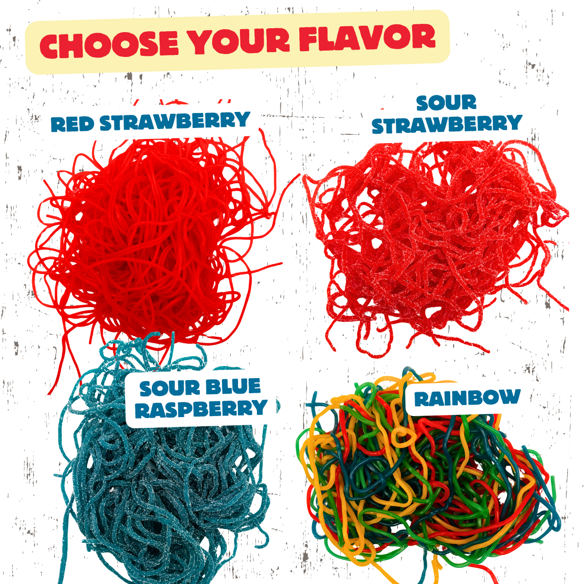 Four types of colorful shoe string licorice with labels for flavor on a textured background