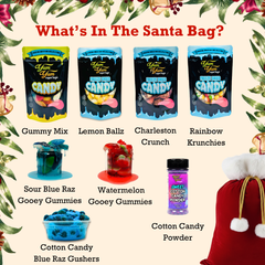 Yum Yum Candy products with Christmas-themed background and Santa bag.