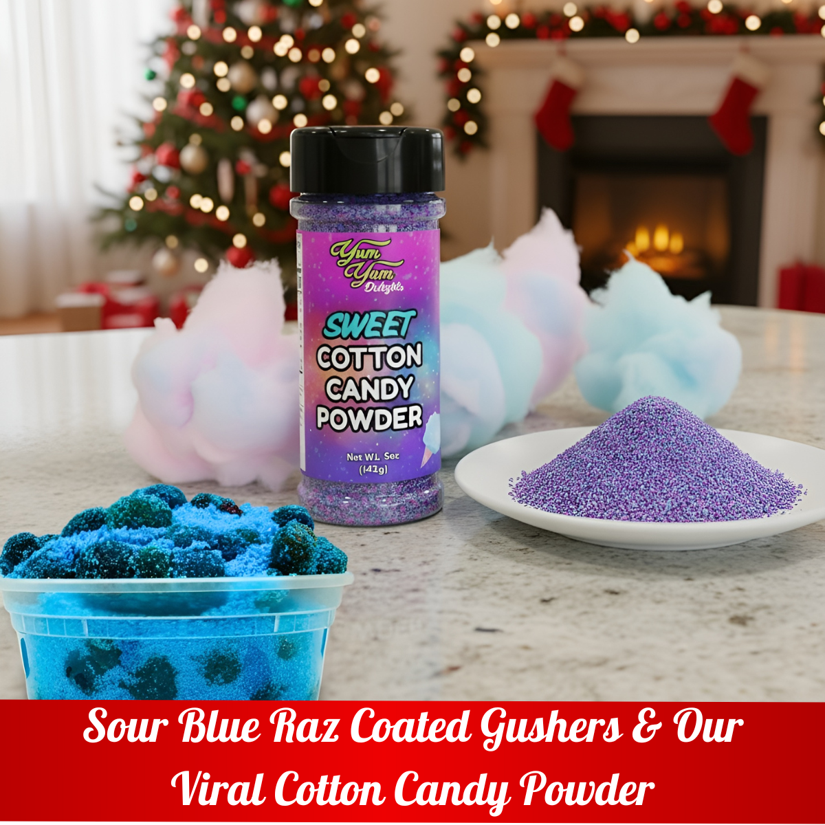 Cotton candy powder with blue and purple colors in a festive setting with Christmas decorations.
