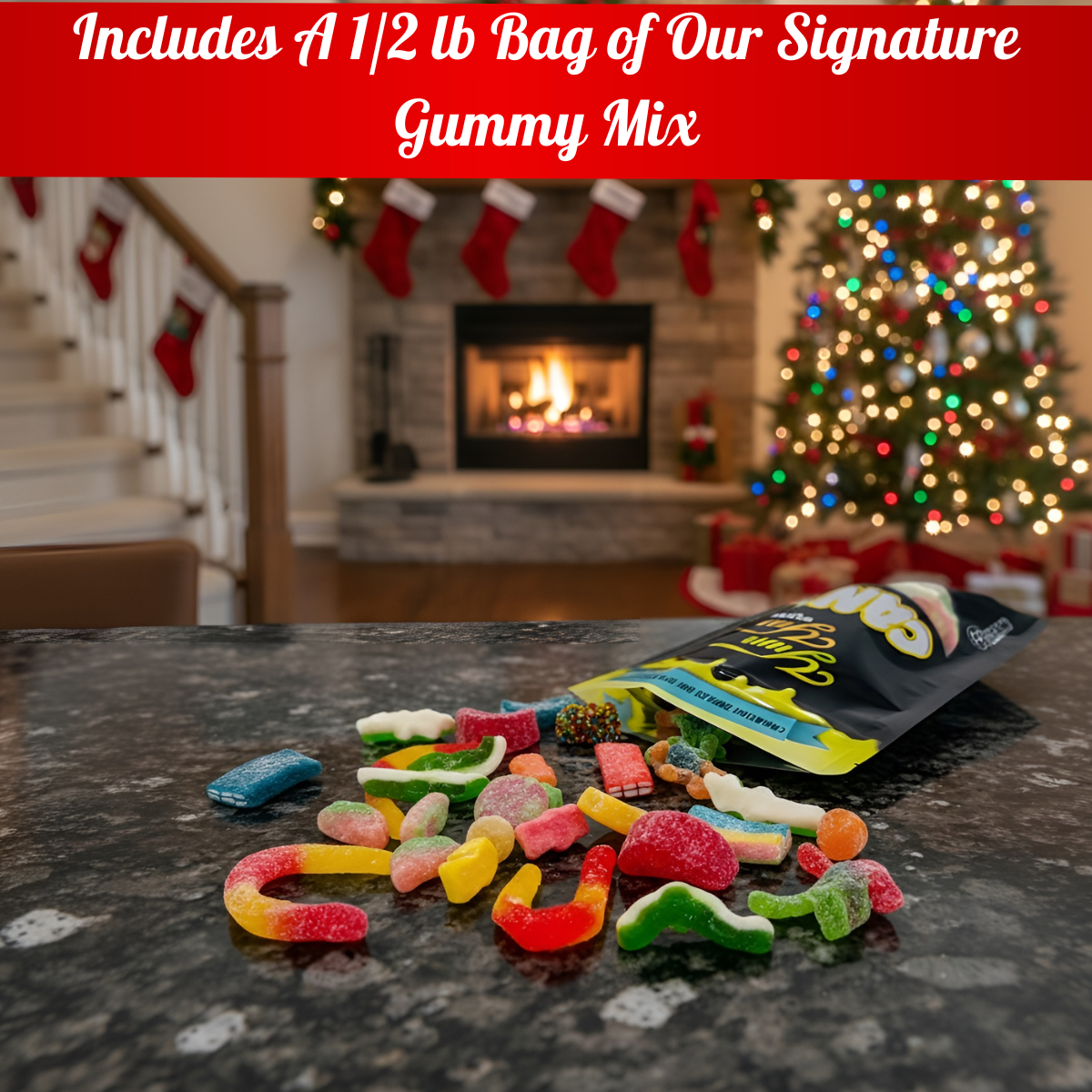Colorful gummy candies on a table with a Christmas tree and fireplace in the background.
