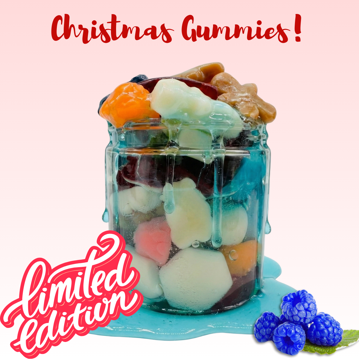 Jar of colorful gummies with blueberries on a white background, labeled 'Christmas Gummies! Limited Edition'.