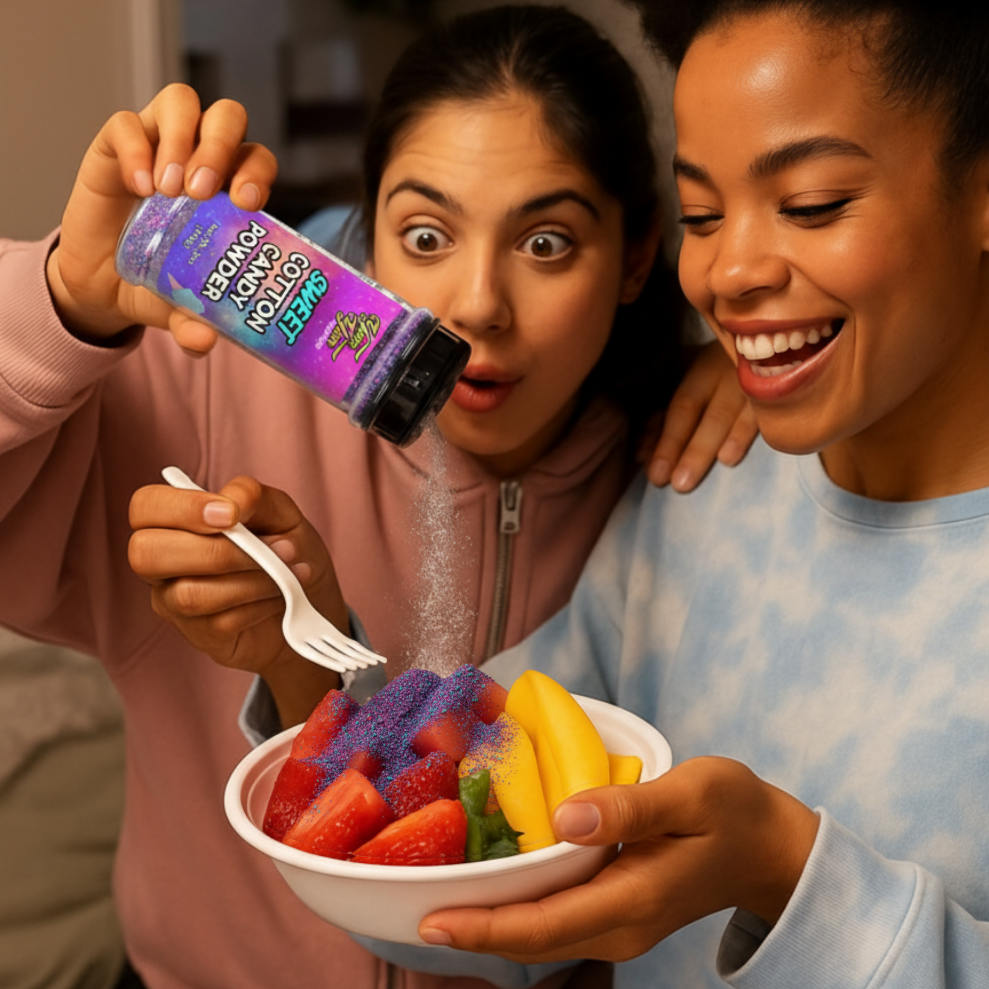 Two people enjoying a bowl of fruit with a colorful powder being sprinkled over it.