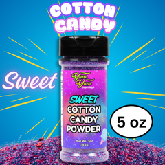 Bottle of Yum Yum Sweet Cotton Candy Powder with colorful label on a blue background