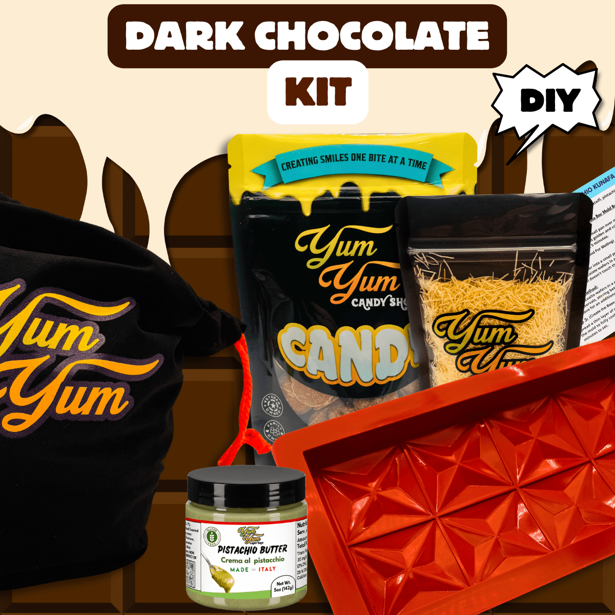 DIY dark chocolate candy kit from Yum Yum Candy Shop with dark chocolate melts, pistachio butter, and silicone chocolate mold