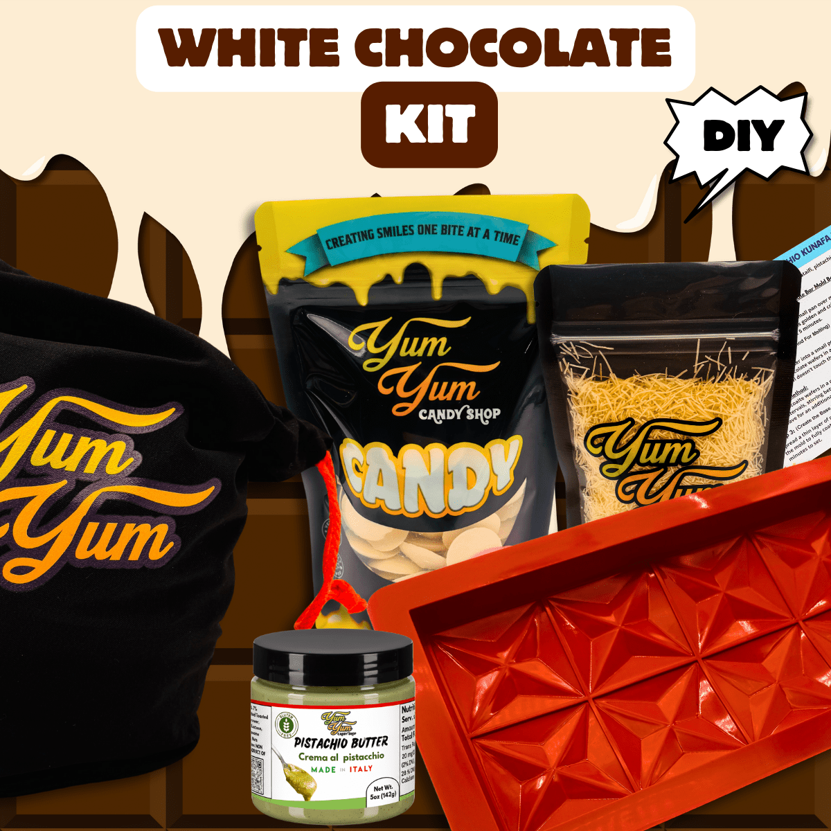 DIY white chocolate candy kit with white chocolate, pistachio butter, and silicone mold on a brown background