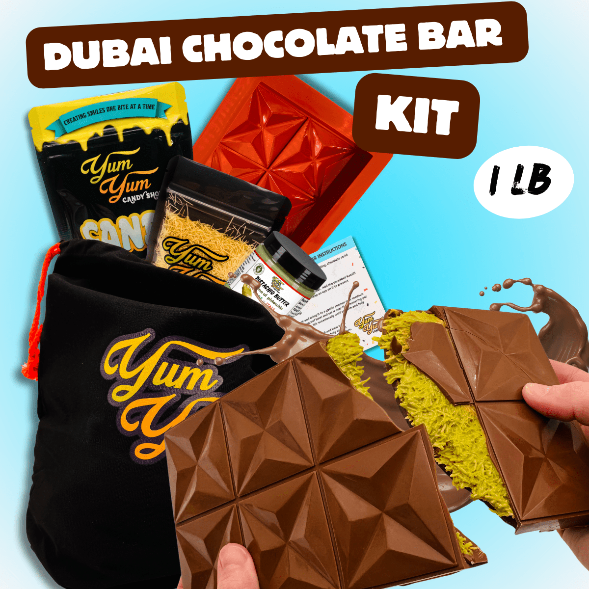 Dubai chocolate bar kit with pistachio cream kataifi diamond chocolate mold and gift bag for making a 1lb Dubai chocolate bar