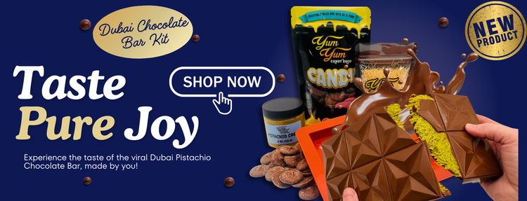 Yum Yum Candy Shop's new dubai chocolate bar kit on a dark blue background