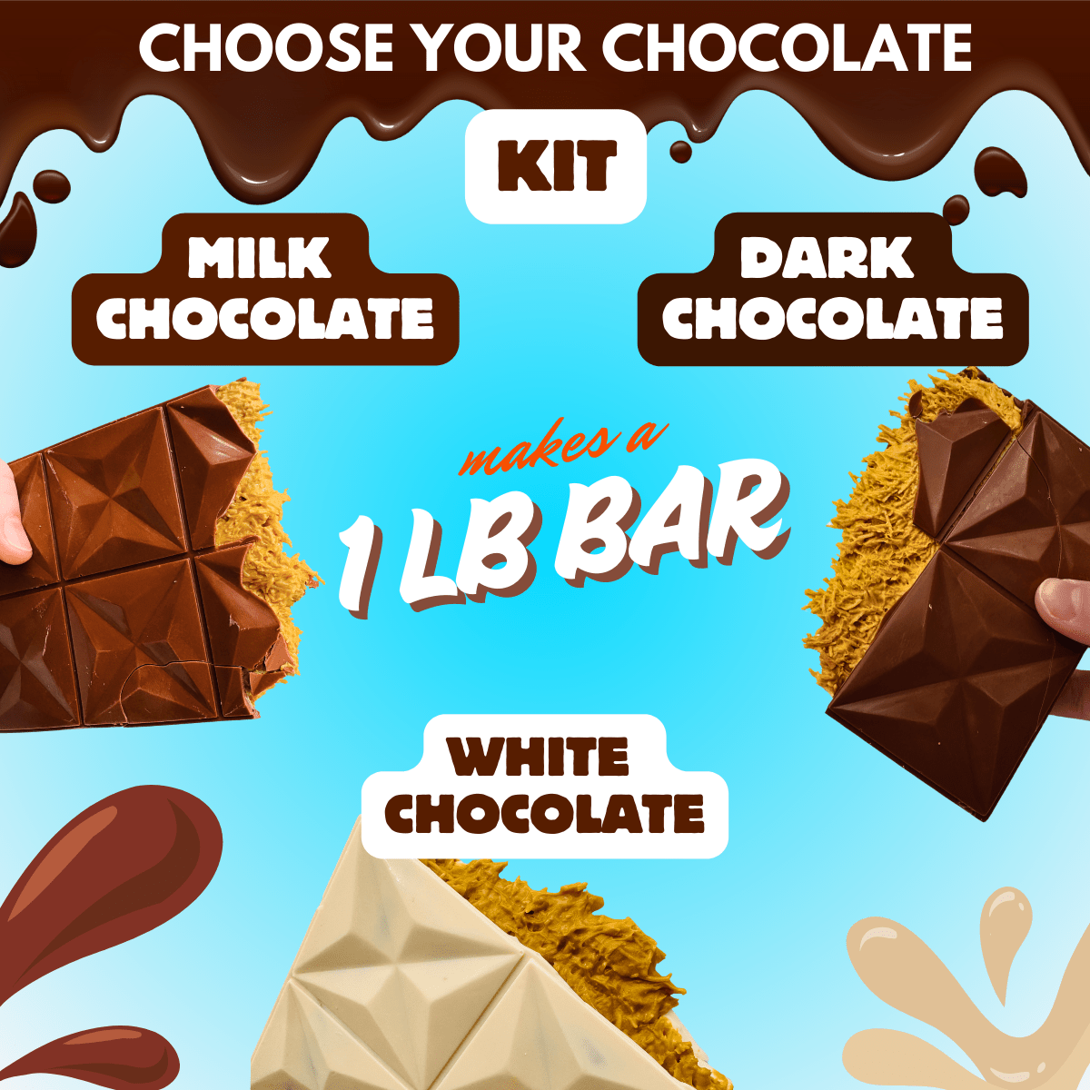 Dubai chocolate bar kit with milk, dark, and white chocolate options for making a large homemade chocolate bar