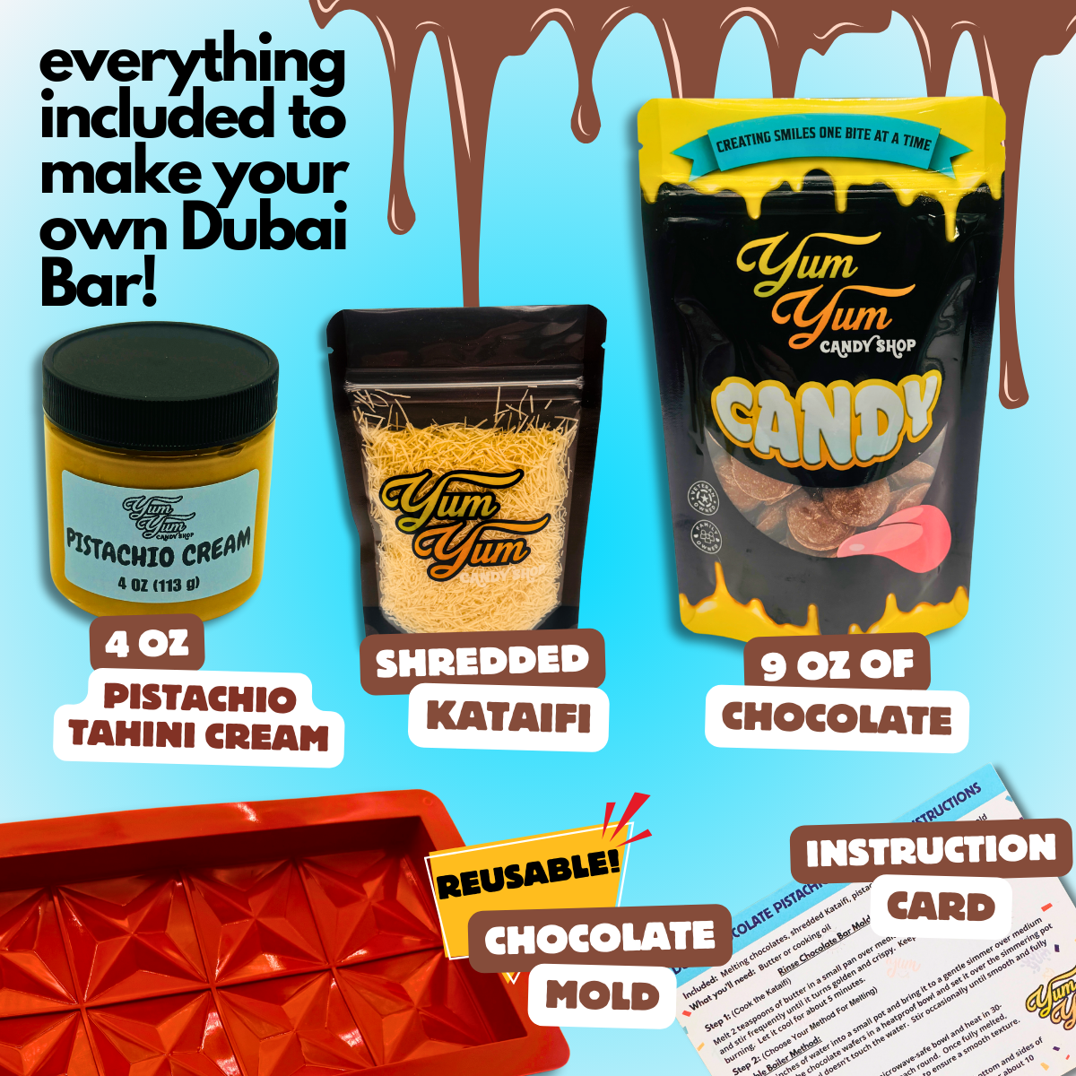 Everything included to make a Dubai chocolate bar: mold, chocolate, shredded kataifi, pistachio tahini cream, and instruction card