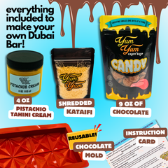 Everything included to make a Dubai chocolate bar: mold, chocolate, shredded kataifi, pistachio tahini cream, and instruction card