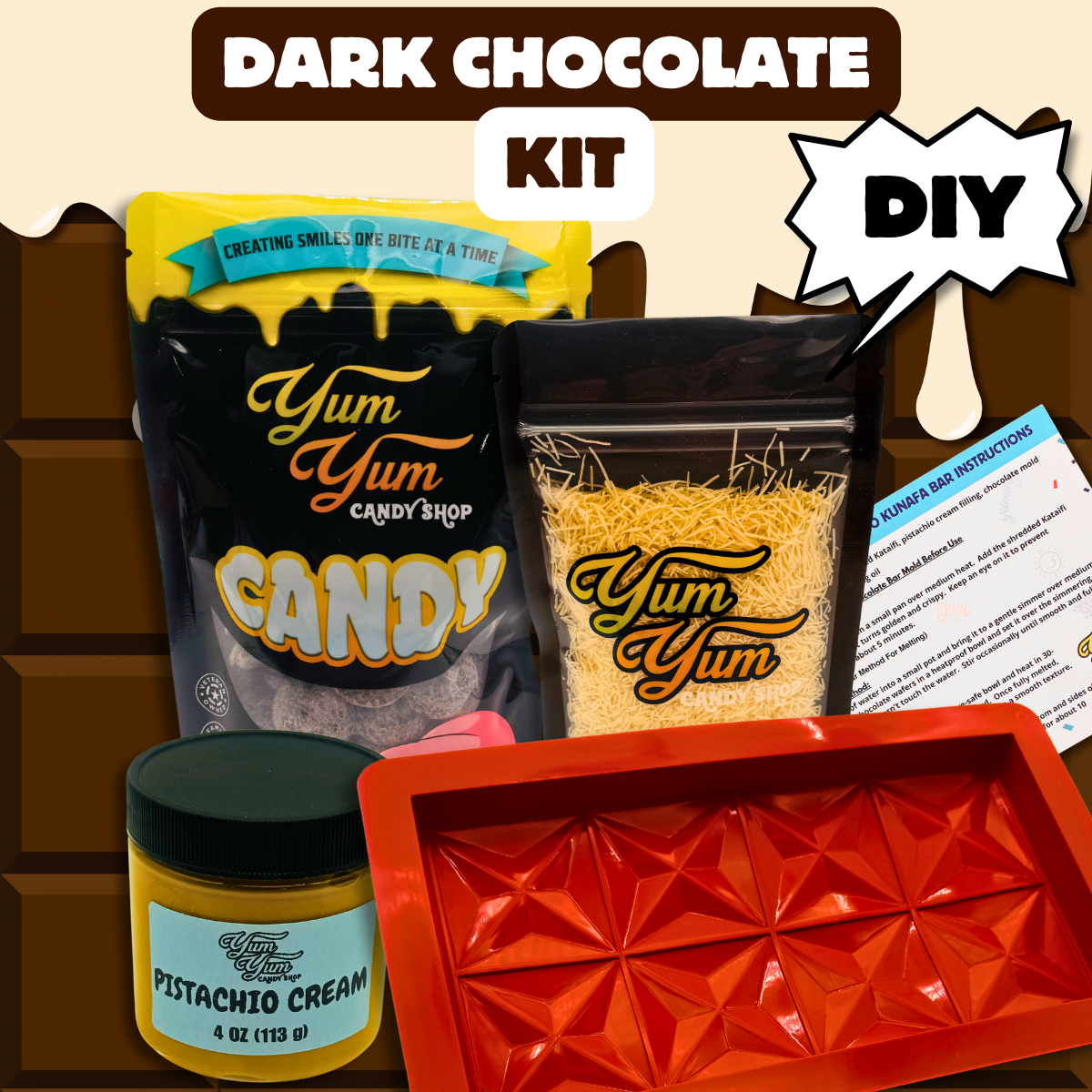 Dubai Bar Kit with dark chocolate option, mold, pistachio spread, kataifi, and instructions