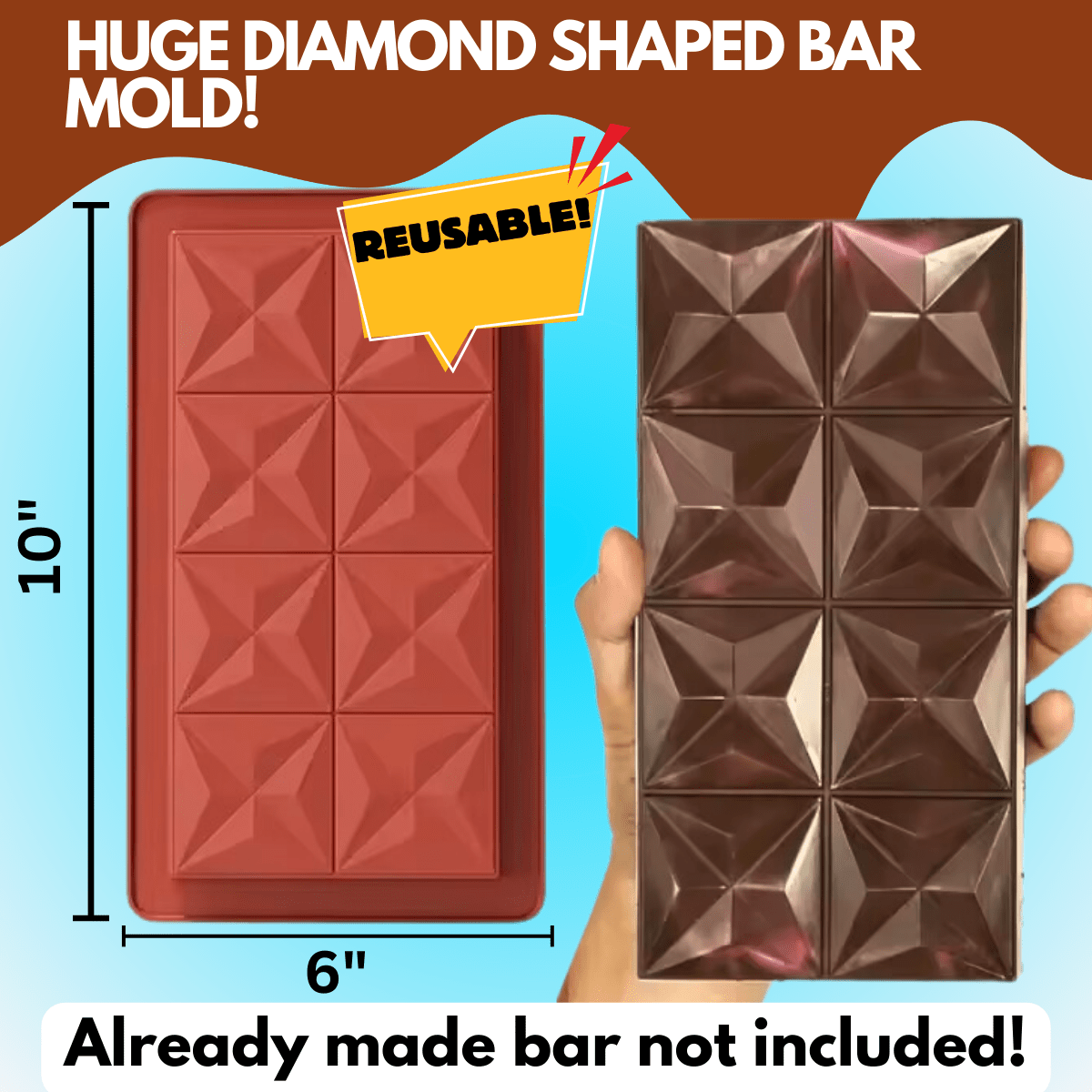 Large reusable diamond shaped chocolate bar mold used in the Dubai kit for making a one pound chocolate bar at home