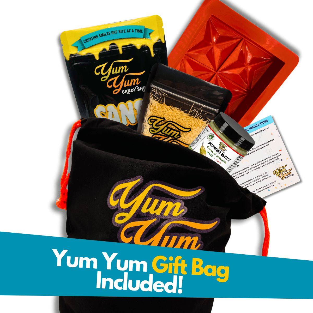 Dubai chocolate bar kit, pistachio cream, kataifi, chocolate melts, silicone mold, Yum Yum gift bag