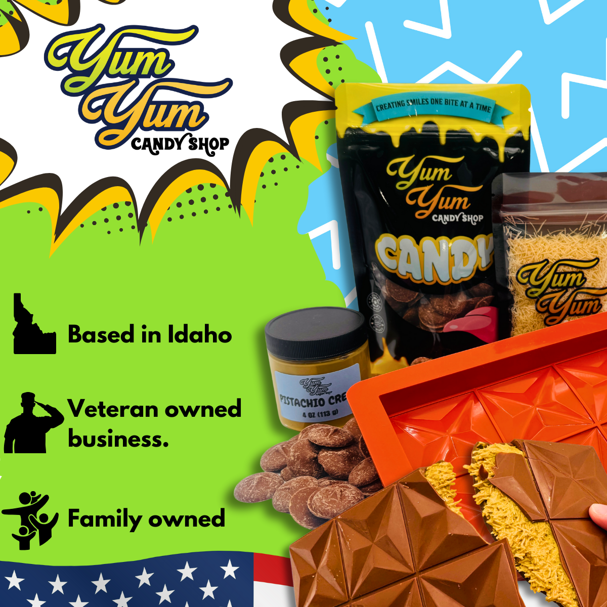 Yum Yum Candy Shop Dubai Chocolate Bar Kit showing “Based in Idaho,” “Veteran owned,” and “Family owned” badges