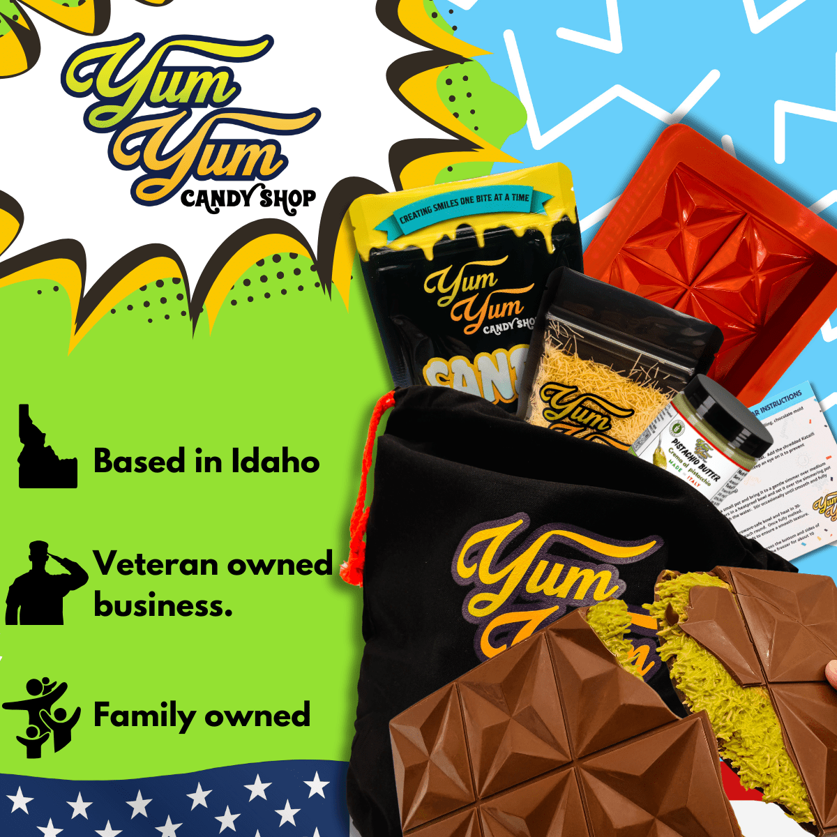 Dubai chocolate bar kit with pistachio cream, kataifi pastry, chocolate mold, and gift bag from Idaho veteran owned business