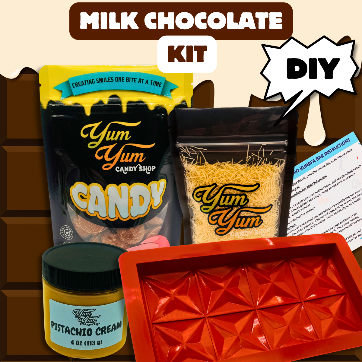 Dubai Bar Kit with milk chocolate option, mold, pistachio spread, kataifi, and instructions