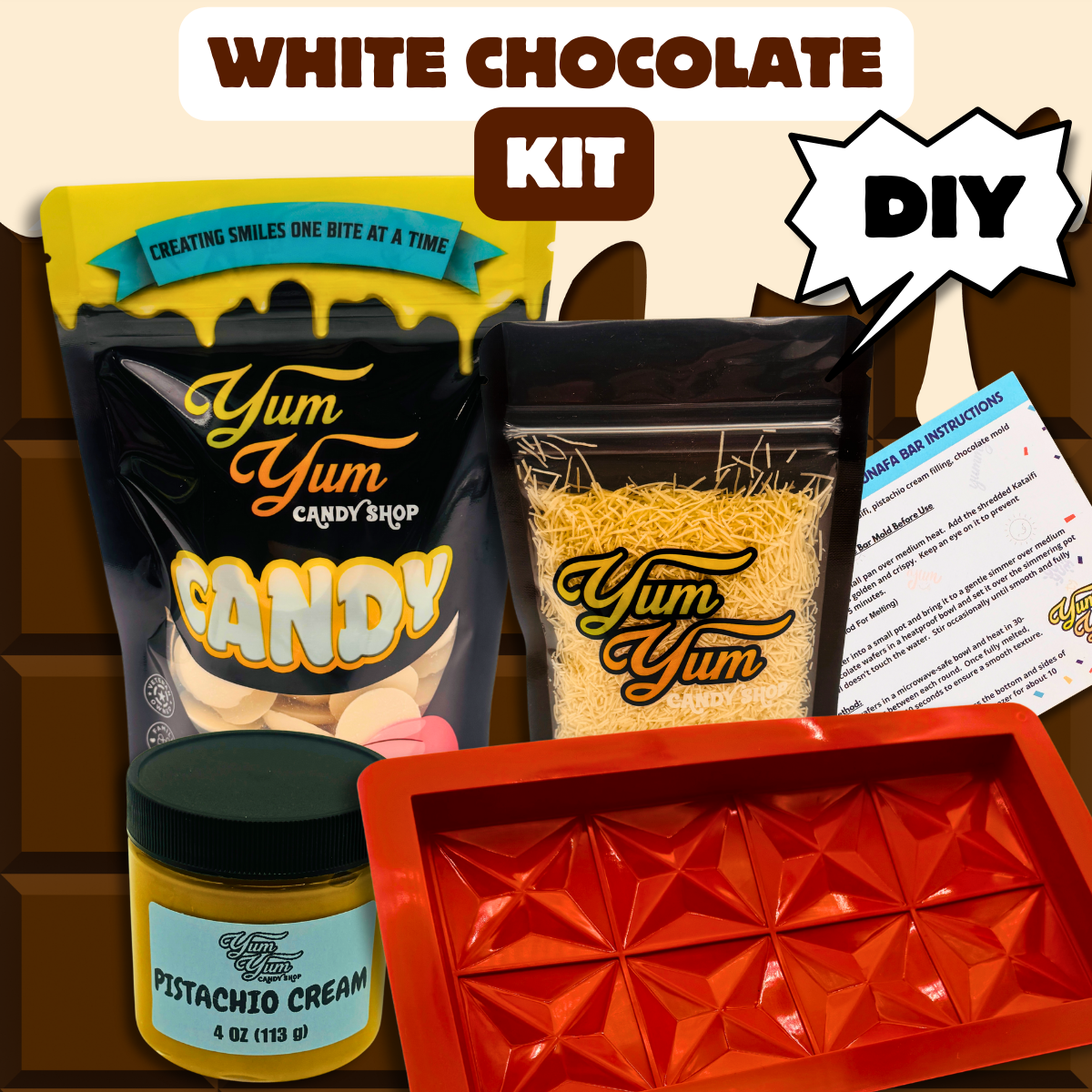 Dubai Bar Kit with white chocolate option, mold, pistachio spread, kataifi, and instructions