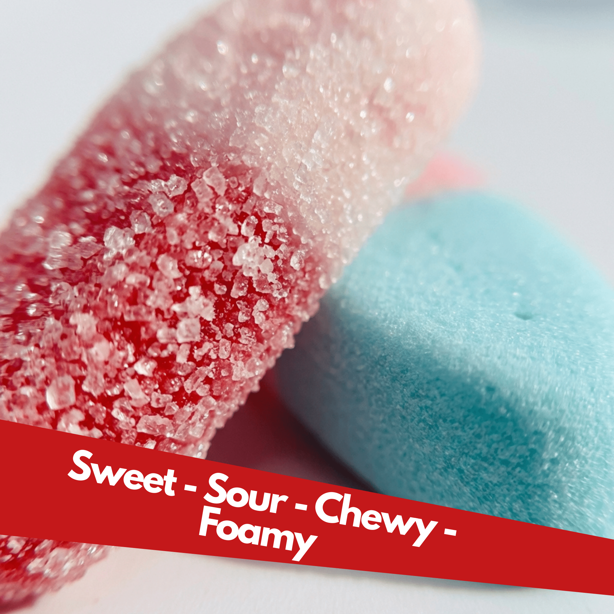 Close-up of European gummy candies showing sour sugar coating and soft foam texture