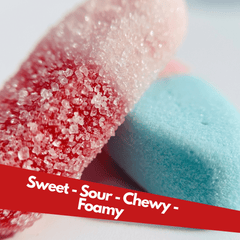 Close-up of European gummy candies showing sour sugar coating and soft foam texture