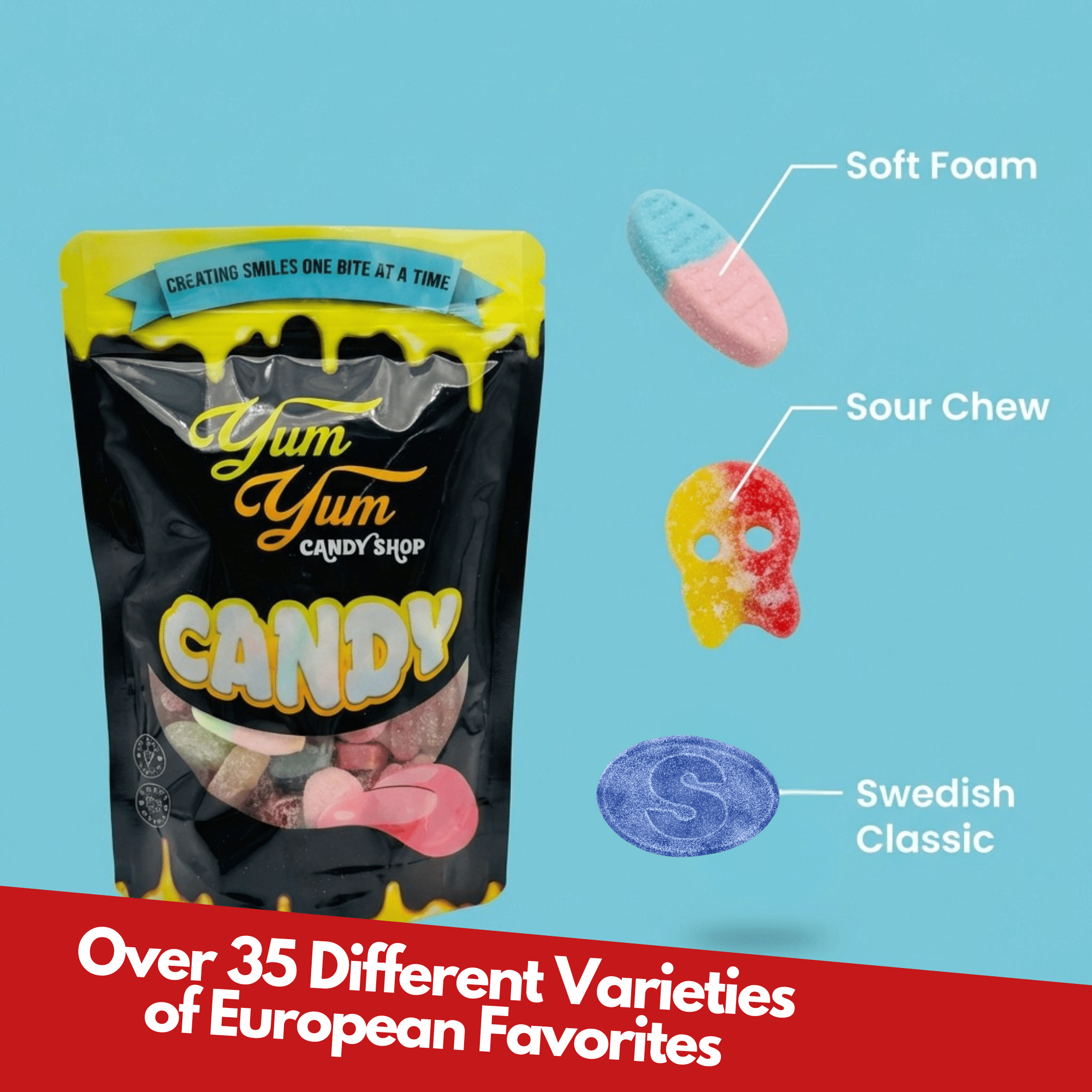 European gummy candy mix in Yum Yum Candy Shop resealable bag showing soft foam and sour chew candies