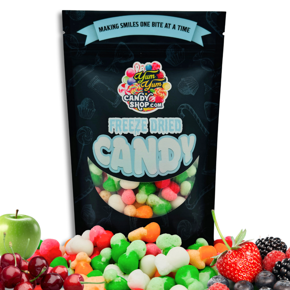 A bag of Fruity Air Krunch Bites freeze-dried candy snack with various colorful candies visible through the packaging window, presented with fresh fruits around it.