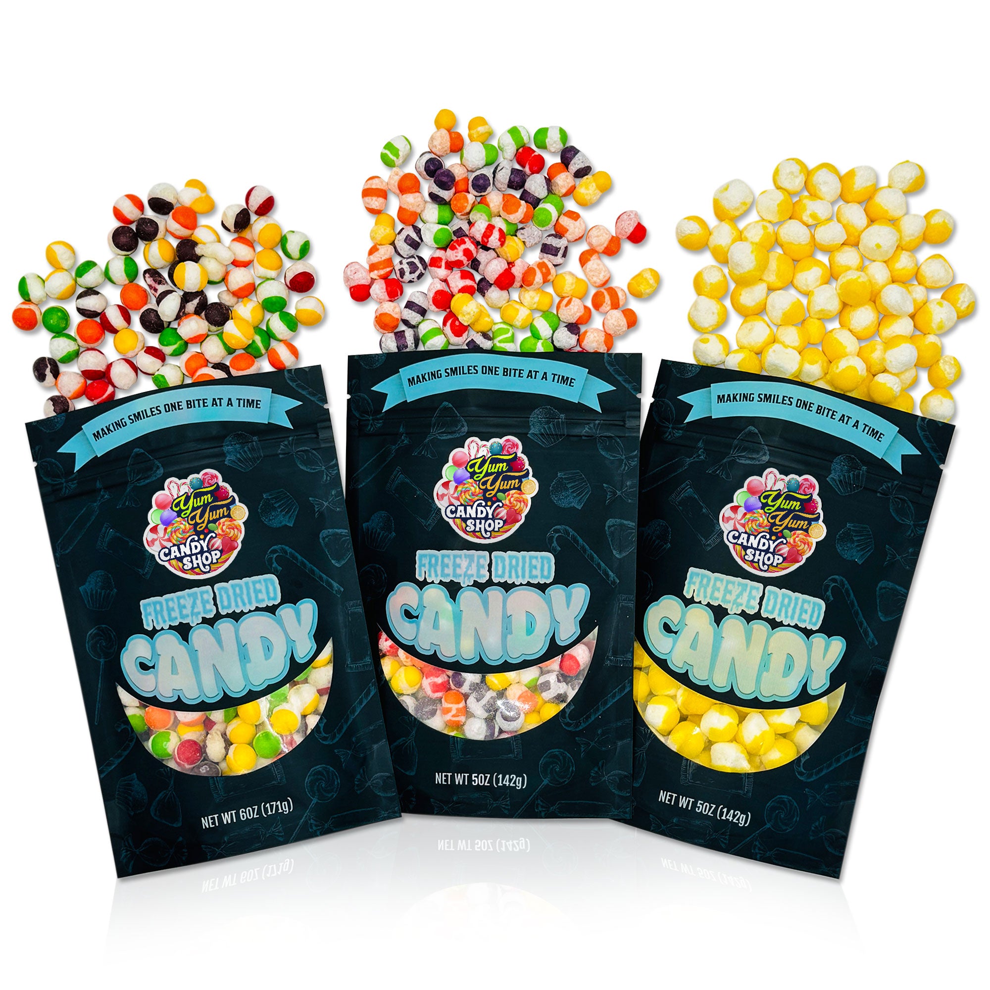 Front view of Yum Yum Candy Shop Freeze-Dried Candy Trio Pack with three resealable bags.