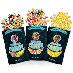 Front view of Yum Yum Candy Shop Freeze-Dried Candy Trio Pack with three resealable bags.