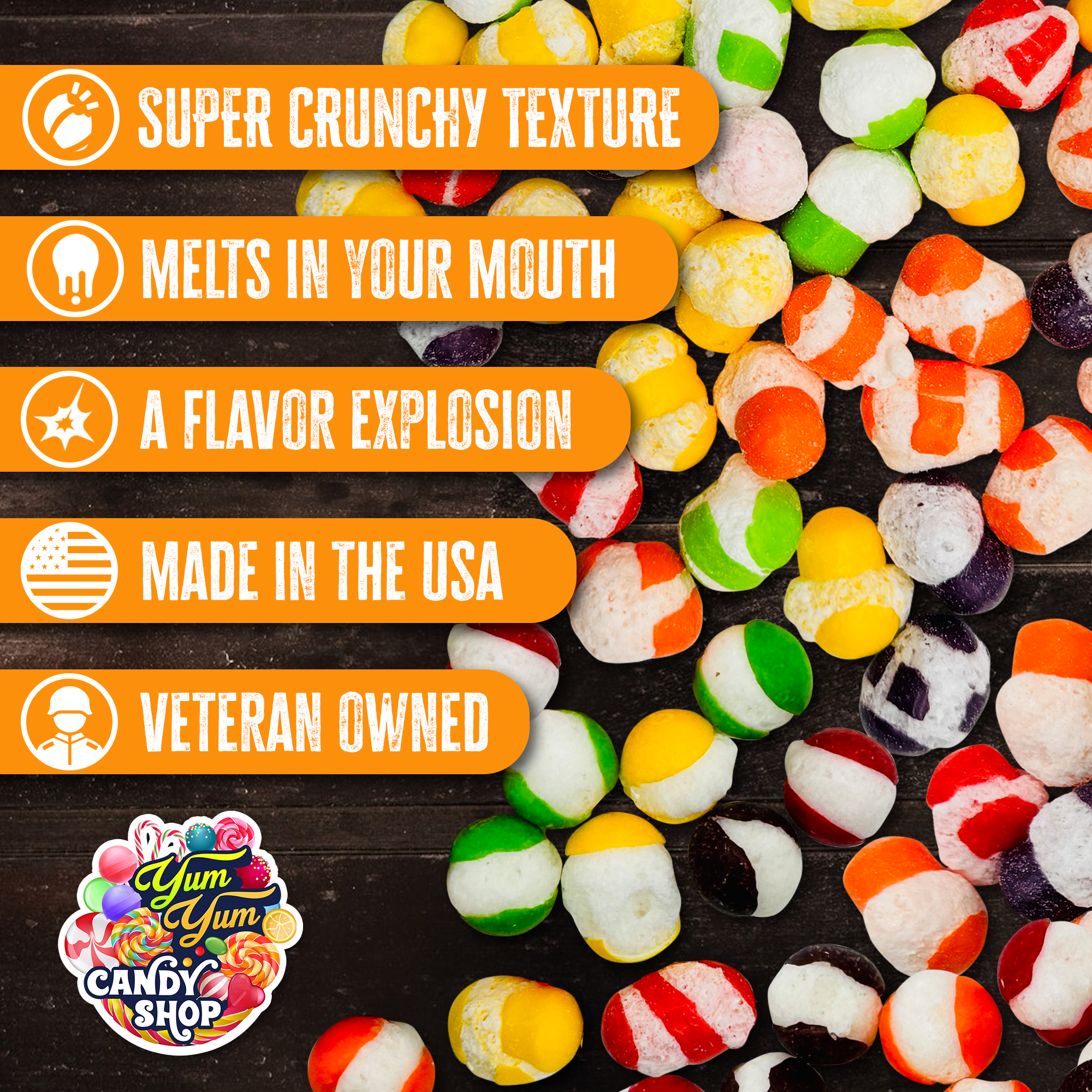 Close-up of colorful Freeze-Dried Candy Trio Pack showing super crunchy texture and vibrant colors.