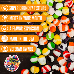 Close-up of colorful Freeze-Dried Candy Trio Pack showing super crunchy texture and vibrant colors.