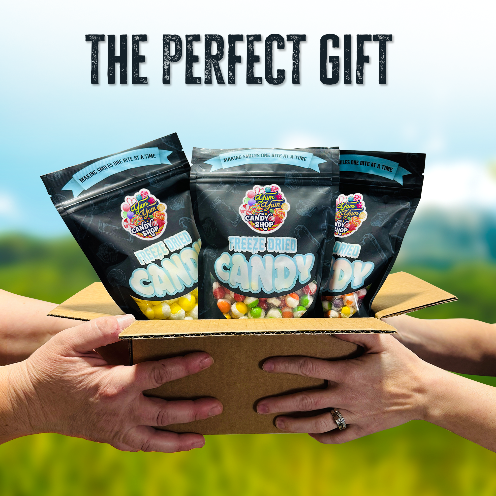 Freeze-Dried Candy Trio Pack in gift box labeled “The Perfect Gift” held outdoors.