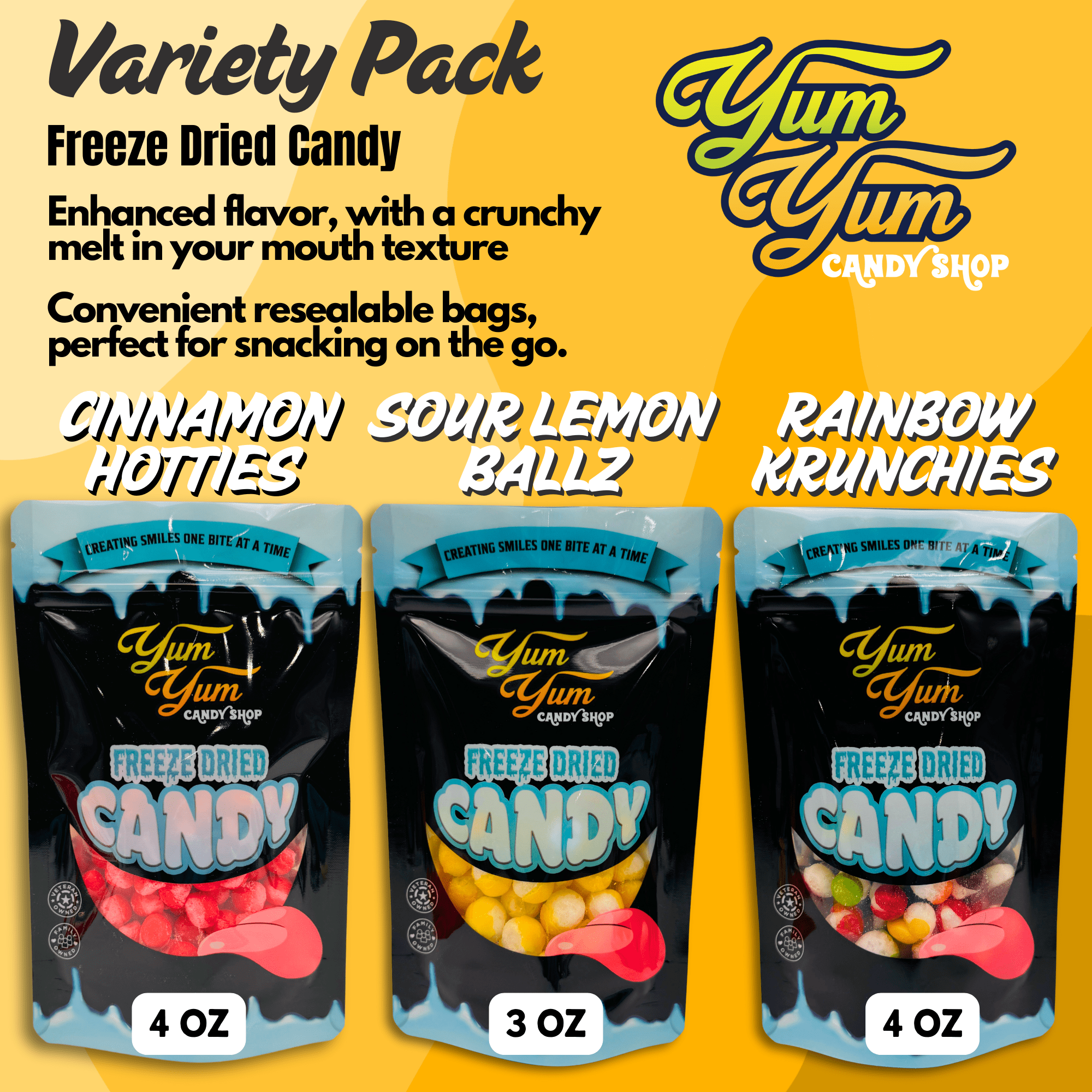 Freeze dried candy variety pack showing Cinnamon Hotties Sour Lemon Ballz and Rainbow Krunchies in resealable bags