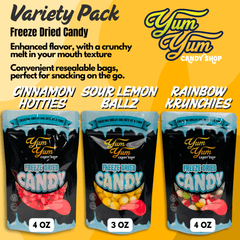Freeze dried candy variety pack showing Cinnamon Hotties Sour Lemon Ballz and Rainbow Krunchies in resealable bags