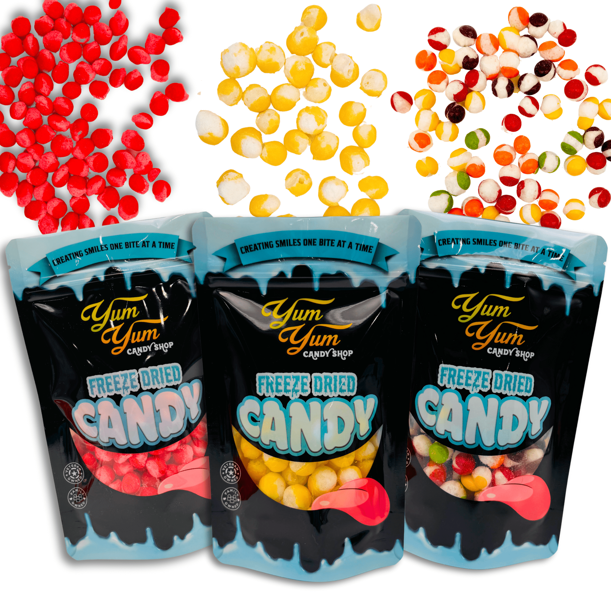 Three Yum Yum Candy Shop freeze dried candy bags showing cinnamon hotties sour lemon ballz and rainbow krunchies flavors