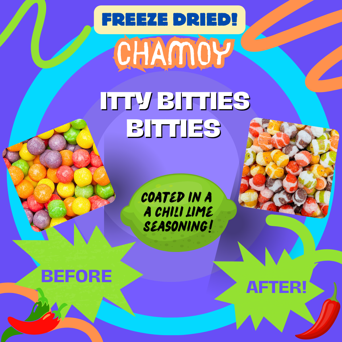 Before and after view of Chamoy Itty Bitties coated in chili lime seasoning.