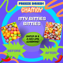 Before and after view of Chamoy Itty Bitties coated in chili lime seasoning.