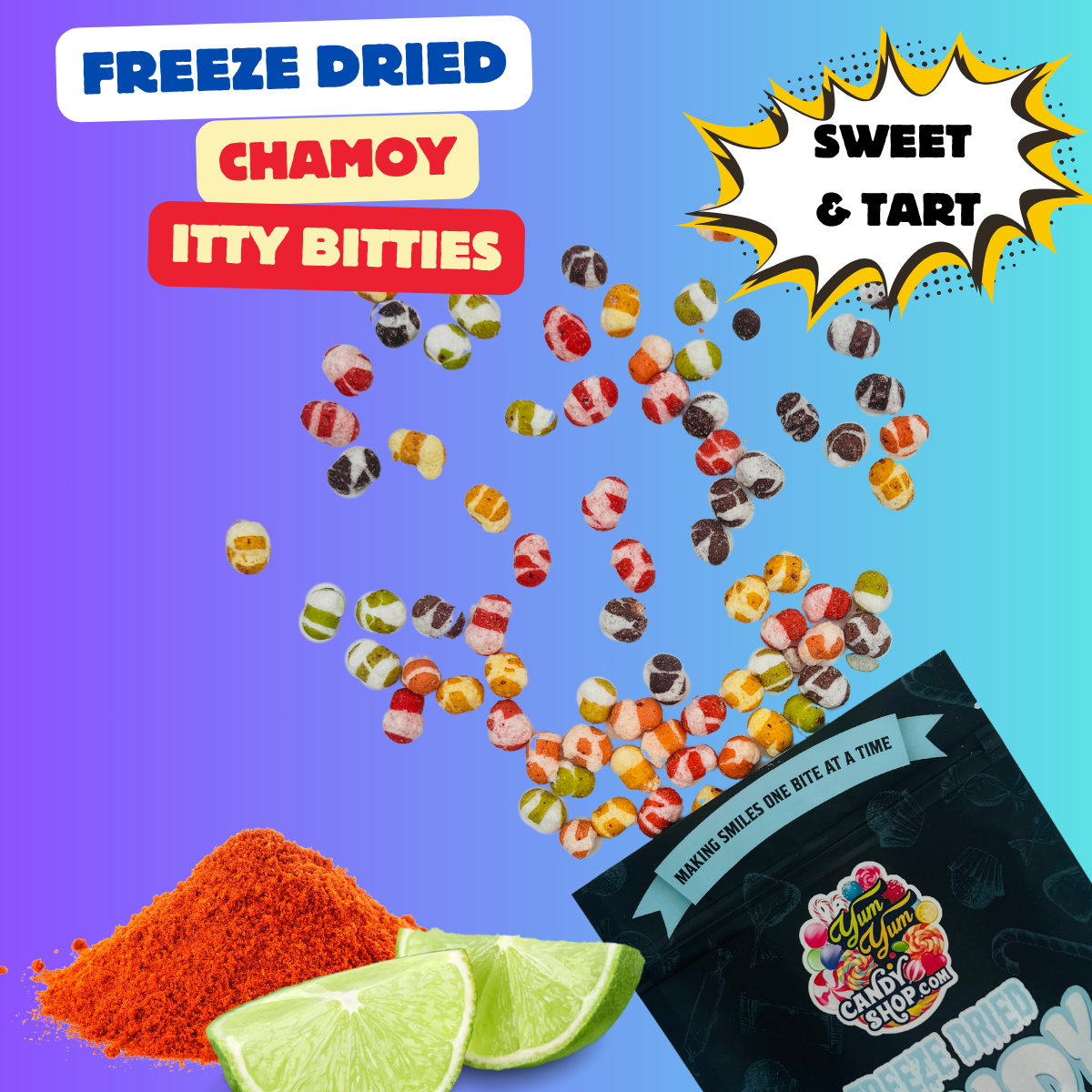 Freeze-Dried Chamoy Itty Bitties pouring out of bag with chili powder and lime.